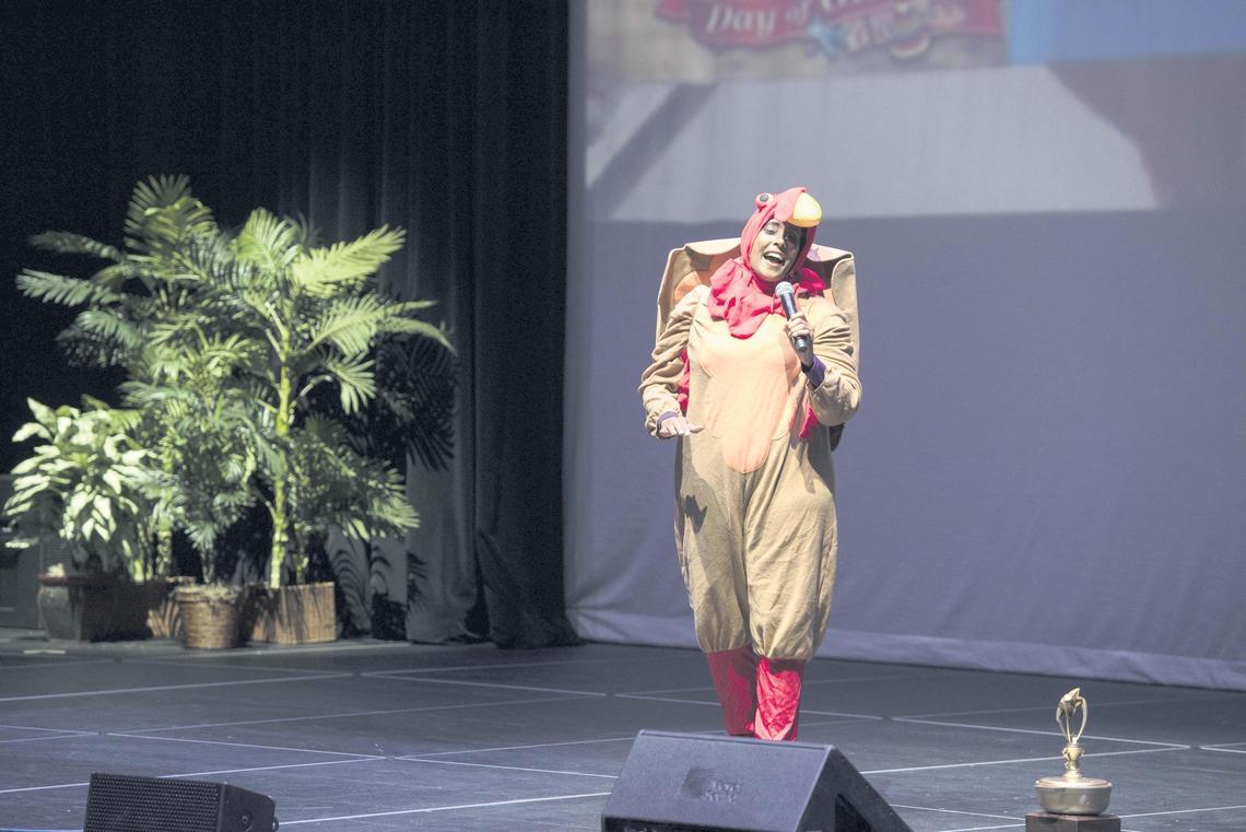 Neki Mohan recounts her time as a co-anchor with Todd Tongen during a memorial service held in his honor Saturday at the Charles F. Dodge City Center in Pembroke Pines. Mohan dressed as a turkey as a reference to a Thanksgiving-themed broadcast she and Tongen co-anchored.