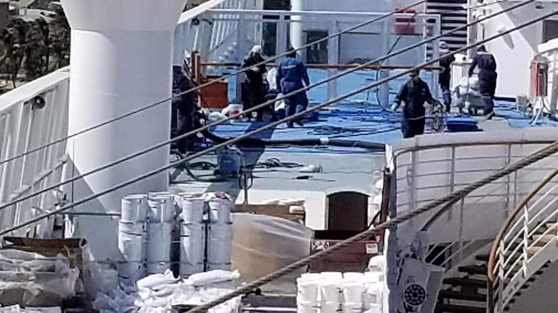Crews work on deck 12 of the Norwegian Sun. The noise from jackhammers and other machinery was a nuisance for many travelers on the two-week voyage.