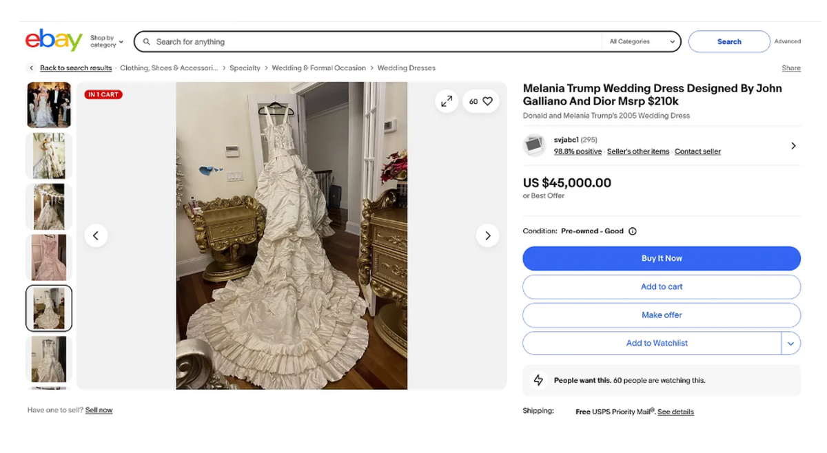 An eBay user with the handle @Svjabc1 was hawking what she described as Melania Trump’s dress she wore to her wedding to Donald Trump in January 2005.