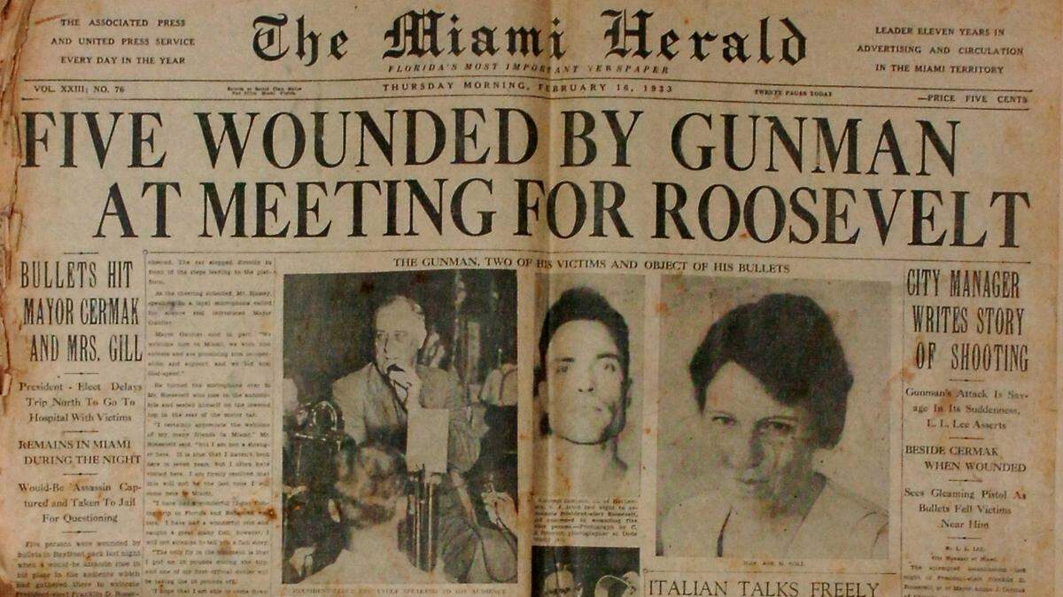 A frayed original front page of The Miami Herald on the day after the assassination attempt by Giuseppe Zangara on FDR at Miami’s Bayfront Park on Feb. 14, 1933.