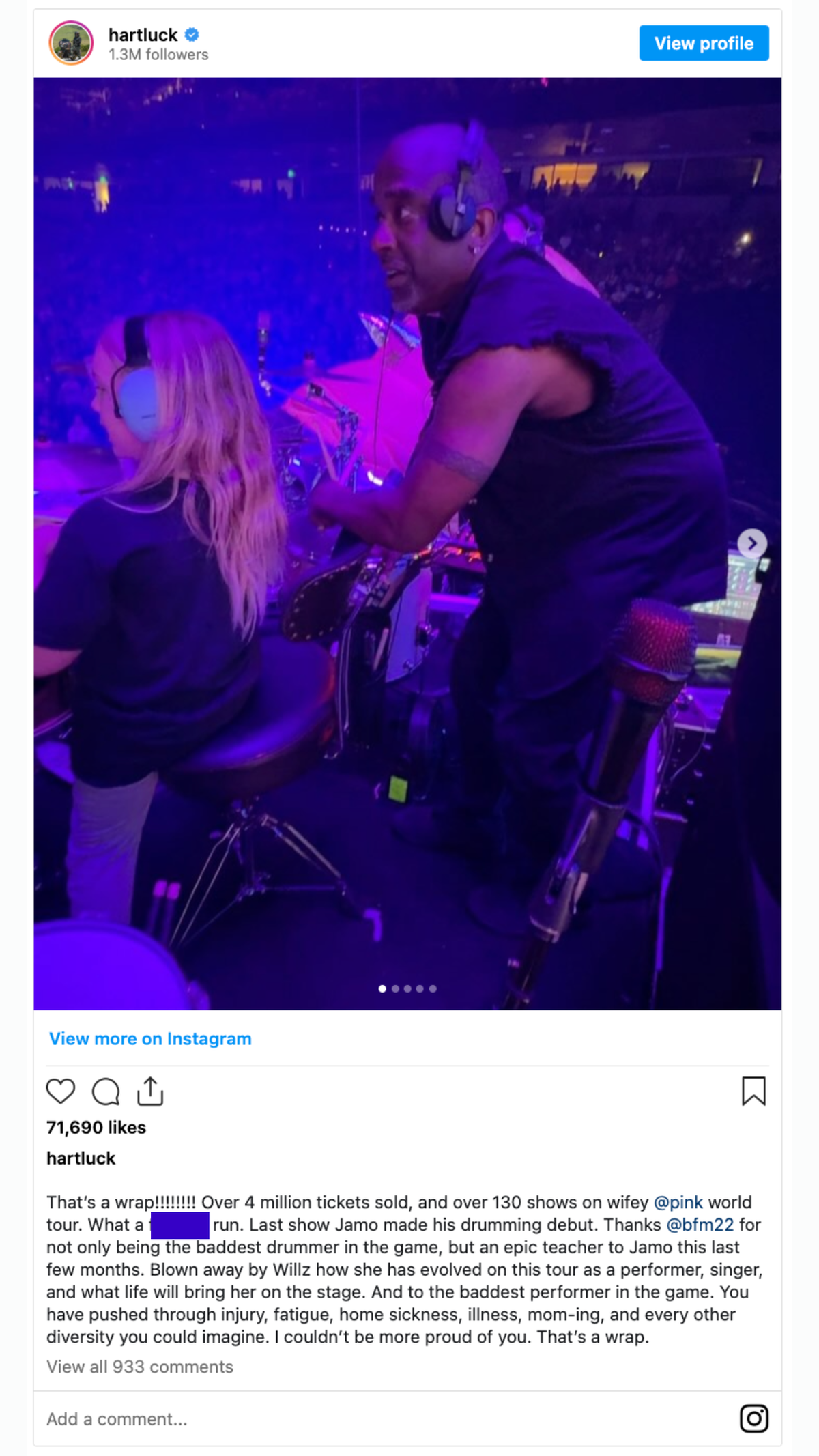 Carey Hart praises his wife as she concludes her tour.