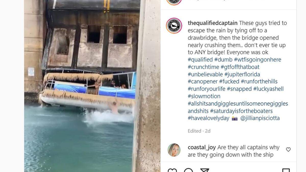 A viral video shows a Jupiter, Florida, drawbridge beginning to rise, almost crushing a pontoon boat that had parked below it