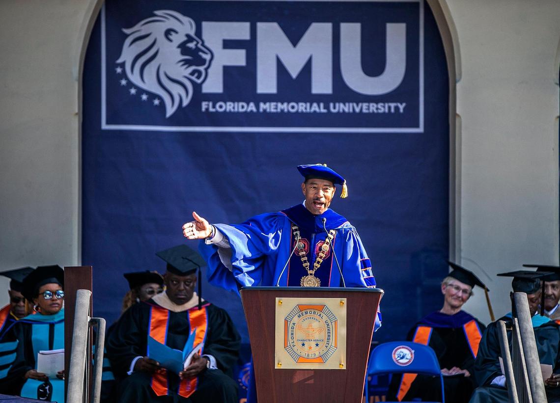 President Dr. Jaffus Hardrick speaks during the Spring 2022 Commencement ceremony at Florida Memorial University in Miami Gardens, on Saturday May 14, 2022.