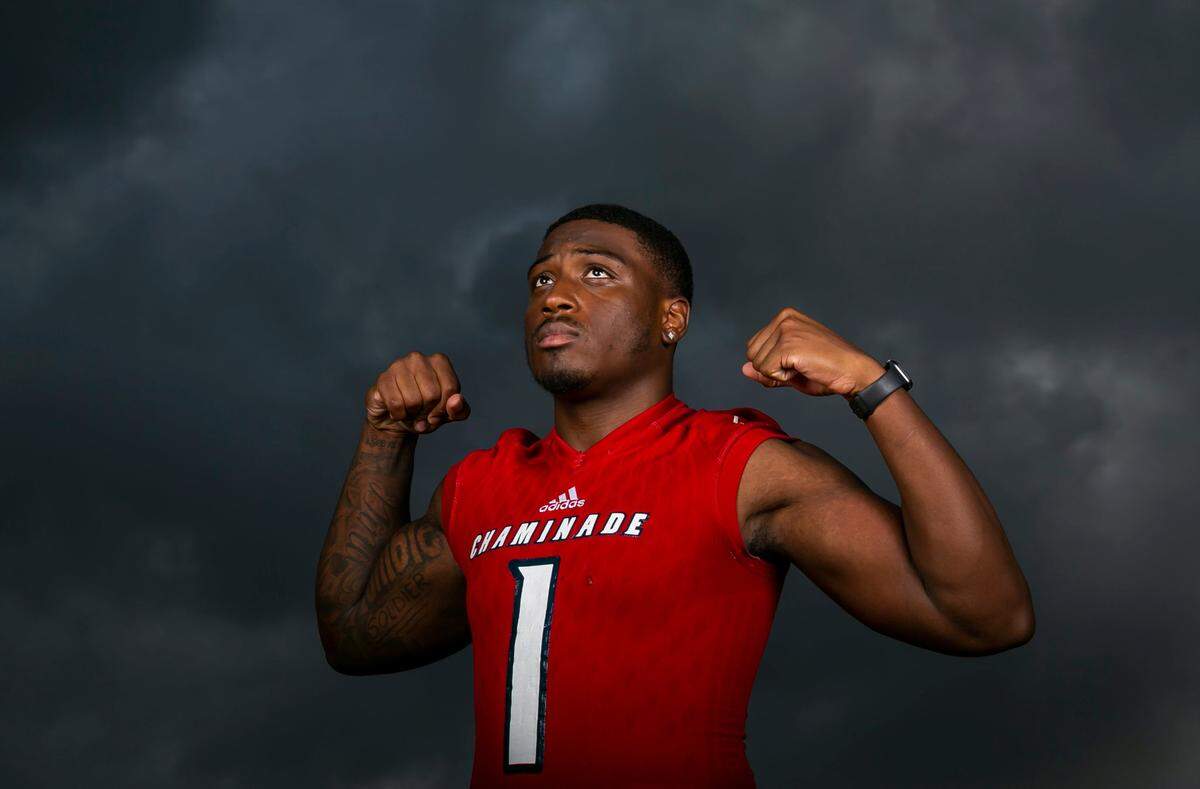 Broward Football Small School Co-Defensive Player of the Year Jamaal Johnson, from Chaminade-Madonna, is photographed at Brian Piccolo Park in Hollywood, Florida on Tuesday, January 11, 2022.