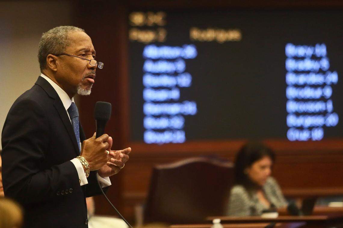 Sen. Darryl Rouson, D-St. Petersburg speaks out against Senate Bill 2-C: Establishing the Congressional Districts of the state in the Senate Wednesday, April 20, 2022 at the Capitol in Tallahassee, Fla. The bill passed the Senate 24-15 and by the House 68-38. It was signed by the governor April, 22, 2020. (AP Photo/Phil Sears)