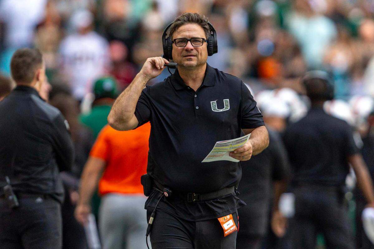 Miami Hurricanes offensive coordinator Shannon Dawson reacts on the sideline during the second half of an ACC football game at Hard Rock Stadium on Saturday, Nov. 2, 2024, in Miami Gardens, Fla.