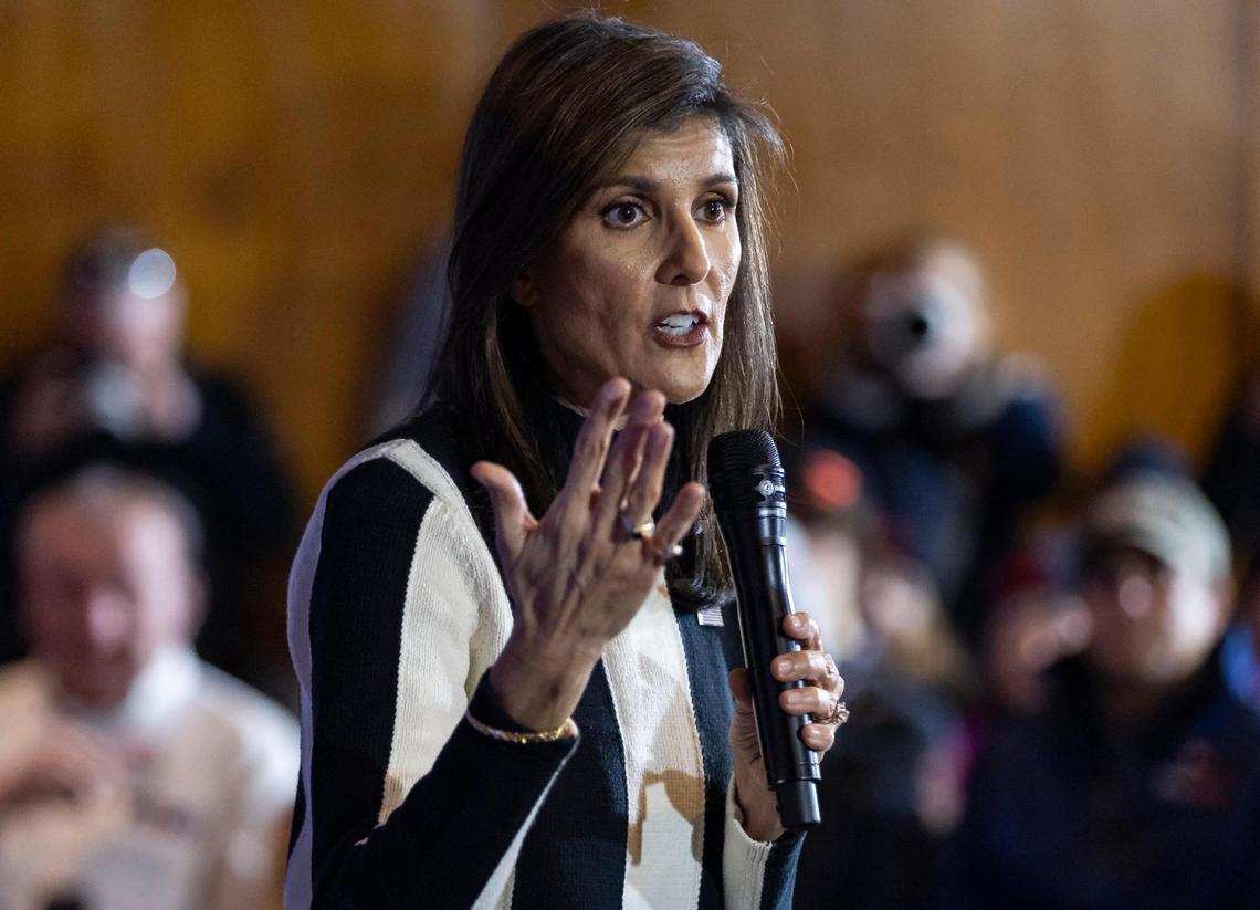 Former United Nations Ambassador Nikki Haley speaks to supporters during a rally at Jethro’s BBQ on Sunday, Jan. 14, 2024, in Ames, Iowa. A poll released Saturday showed Haley running in second place ahead of the Iowa caucuses.