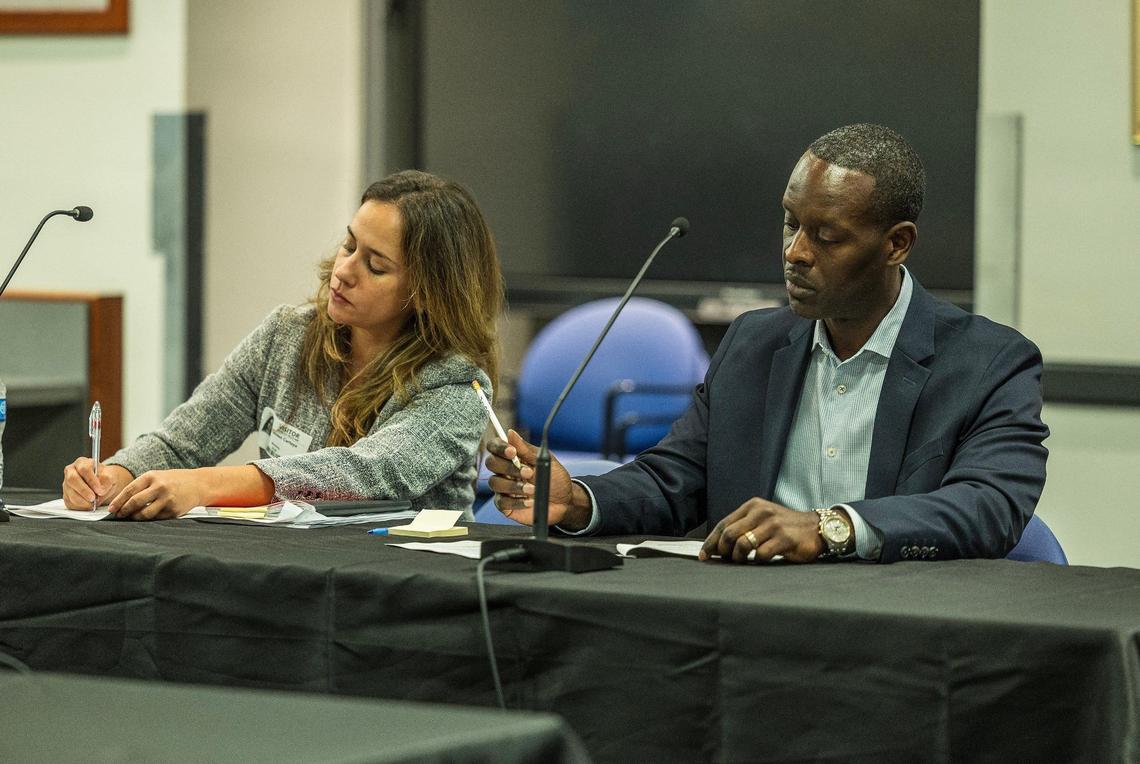 Howard Hepburn, the new superintendent of the Broward County Public Schools and his lawyer Carmen Manrara Cartaya, attended a meeting to negotiate his new contract with the school board general counsel Marilyn Batista and the board Chair Lori Alhadeff, at the school board offices, on Friday April 26, 2024.