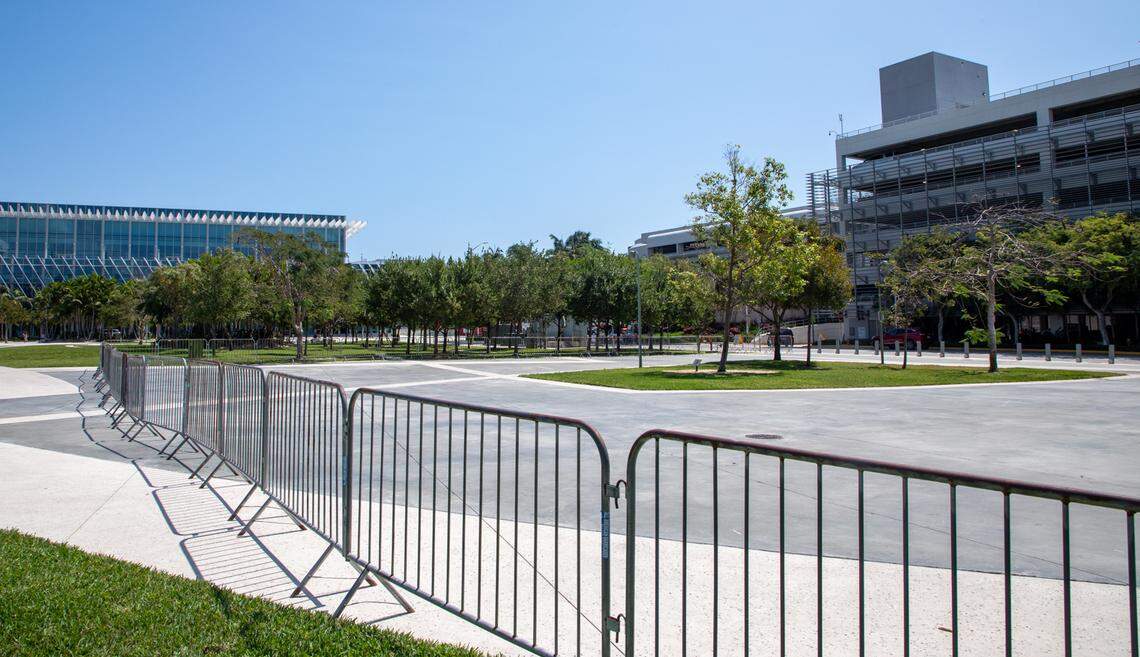 Police said the pro-Palestinian protesters could stand in an area at the southwest end of Pride Park, which remained surrounded by barricades Tuesday. The group said it would have been too far away from the conference entrance at the Miami Beach Convention Center (left) for most attendees to see or hear them.