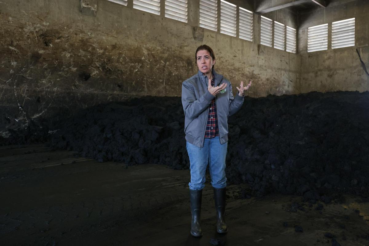 Miami-Dade Commissioner Raquel Regalado talks while standing by a pile of sludge inside the “sludge barn” at the Central District Wastewater Treatment Plant in Virginia Key, Florida, on Thursday, Jan. 16, 2025.
