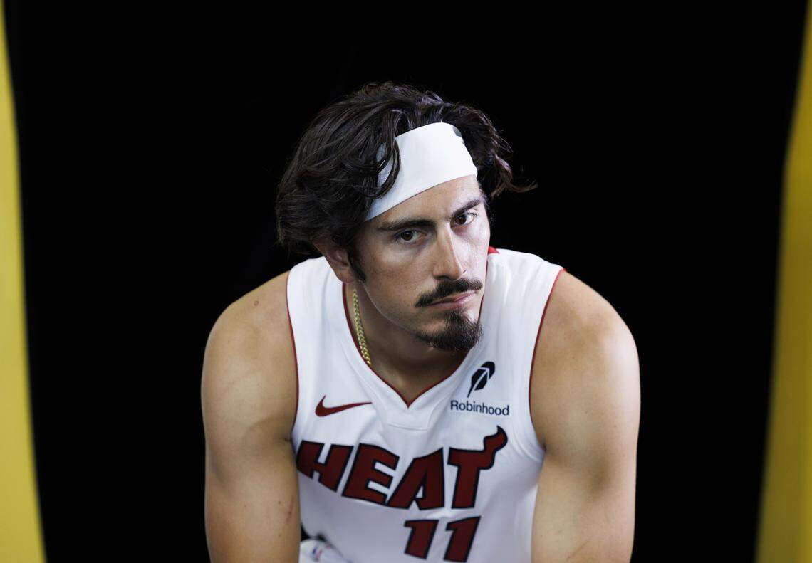 Jaime Jaquez Jr.(11) poses for a portrait with the Miami Herald during the Miami HEAT Media Day on Monday, Sept. 29, 2025, at the Kaseya Center in downtown Miami, Fla.