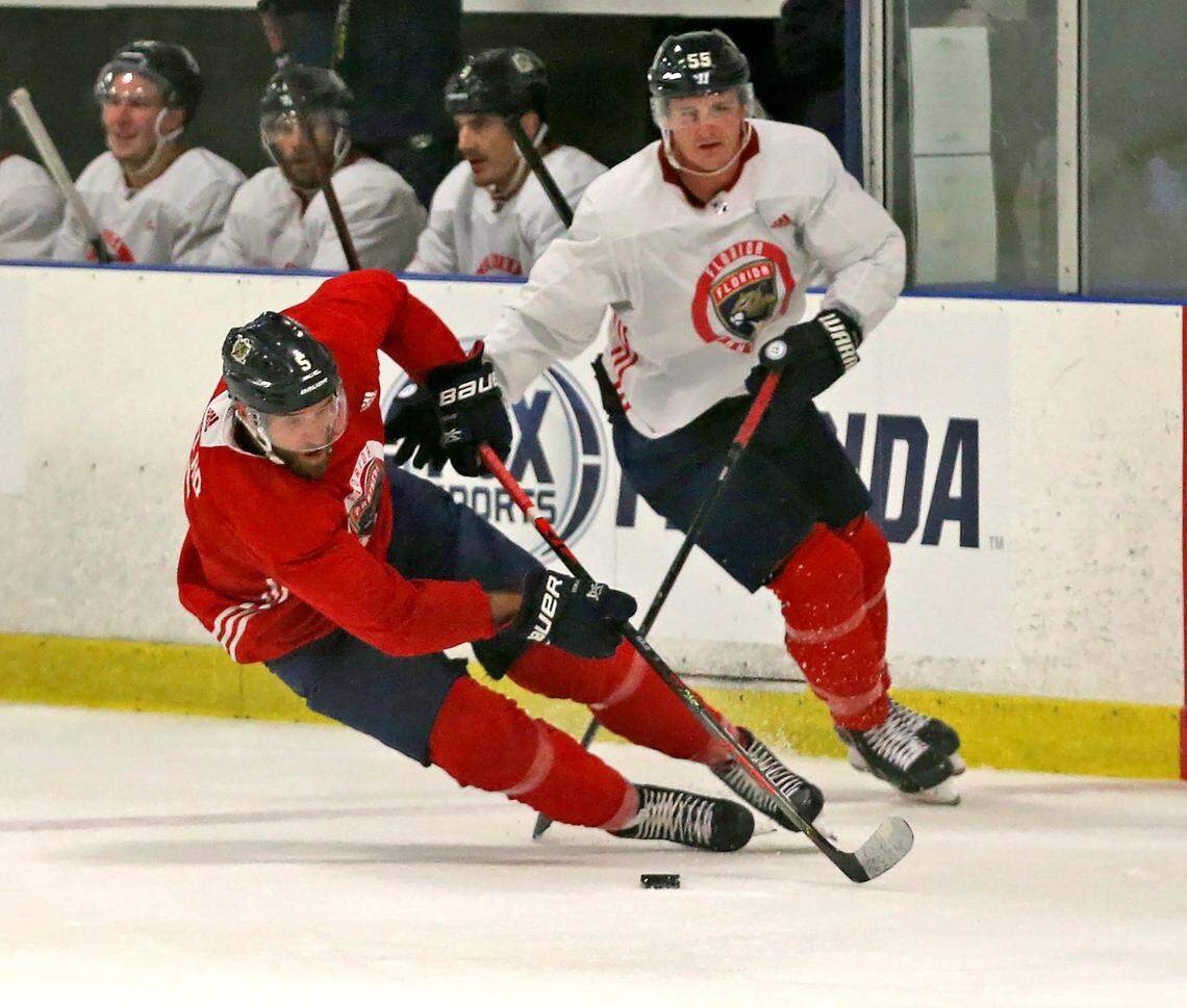 Florida Panthers Brian Boyle (9) and Noel Acciari (55) at their practice facility at the Ice Den in Sunrise, Florida, July 17, 2020. 