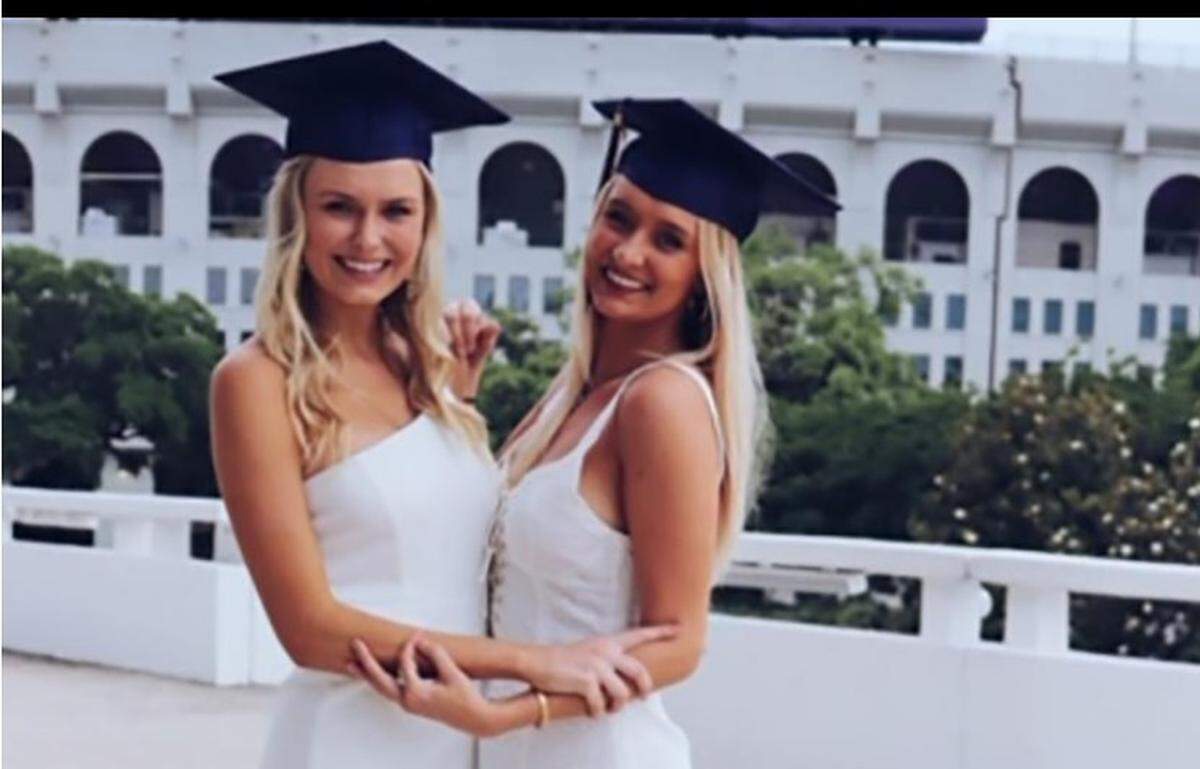 Brittney Searson (left) and Kameron Cline (right) at their graduation ceremony on May 11, 2019 at Louisiana State University in Baton Rouge. The two friends were among seven killed when a helicopter crashed in the Bahamas on July 4. Searson’s family provided this photo to The Palm Beach Post.