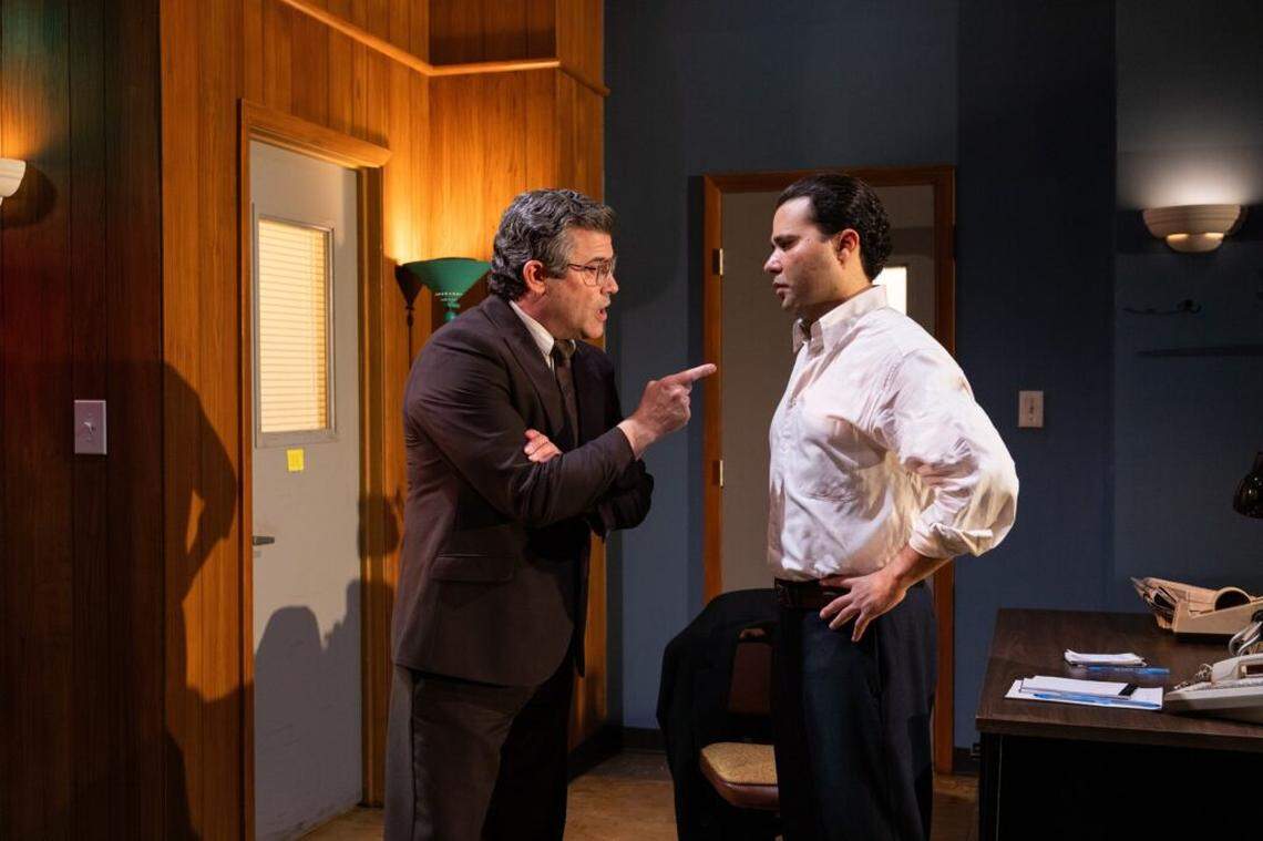 Andhy Mendez as Manny Diaz, left, has words with René Granado,in Nicholas Griffin’s world premiere of “English Only.”