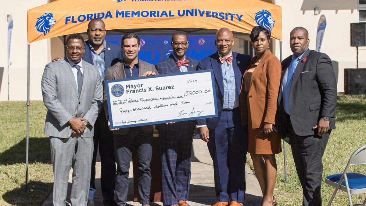 The city of Miami donated $50,000 to Florida Memorial University to jump-start a program that aims to create a talent pipeline for cybersecurity and emerging tech in an effort to close the Black wealth gap. Mayor Francis Suarez presented a check during an event at the university’s Miami Gardens campus on Monday, Jan. 31, 2022.