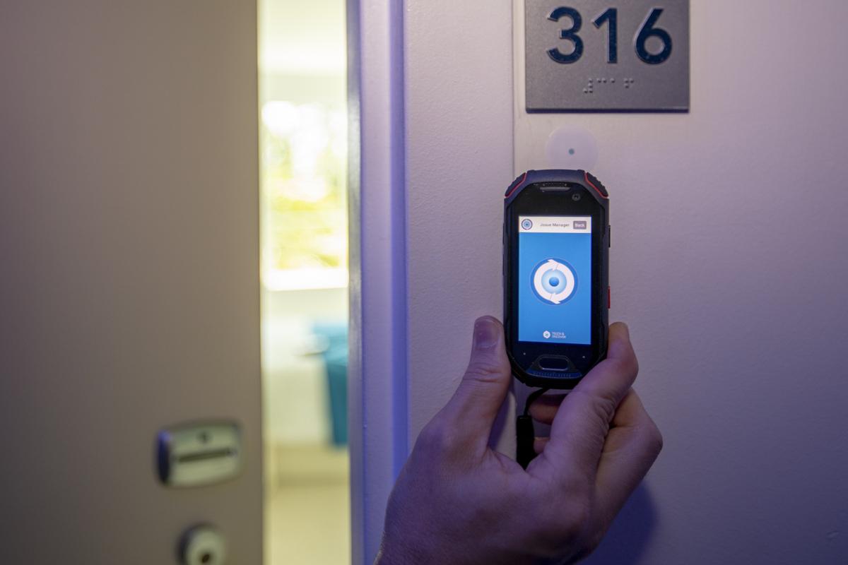 Clevelander Hotel South Beach manager Josue Pita Armas demonstrates how to use the hotel’s panic button system to keep hotel workers safe, ahead of Miami Beach’s panic button ordinance that takes effect Sept. 15, in Miami Beach, Florida on Friday, August 8, 2019.