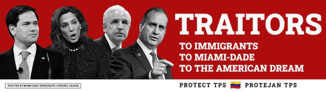 An image of a billboard that the Miami-Dade Democratic Hispanic Caucus says it is erecting on the Palmetto expressway between Doral and Hialeah.