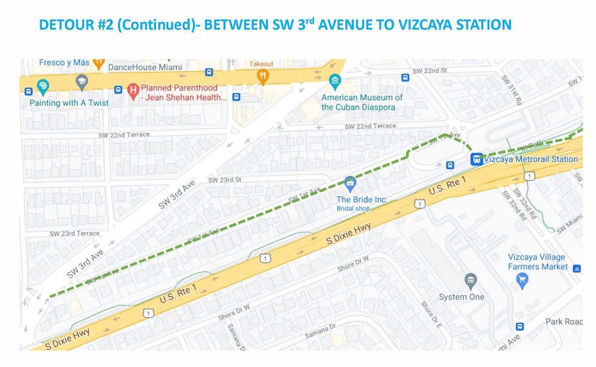 Este mapa muestra un desvío para los ciclistas y peatones que utilizan la antigua M-Path bajo las vías del Metrorail mientras se construye la segunda fase de The Underline.
