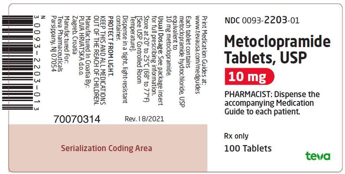 The label of recalled Metroclopramide.