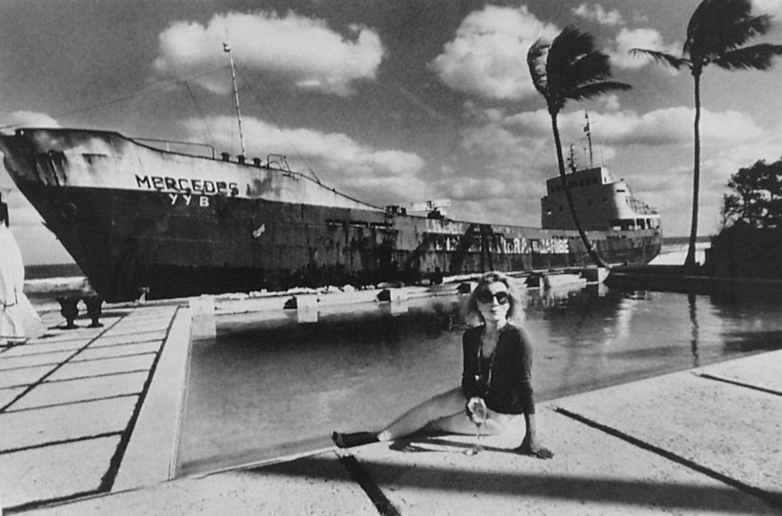 Mollie Wilmot, her pool, and the freighter Mercedes I, which spent 105 days stuck in the back yard of her Palm Beach mansion. The ship washed ashore Nov. 23, 1984, during a three-day storm. It eventually was towed off and was sunk in March 1985 as an artificial reef off Oakland Park Boulevard in Broward County.