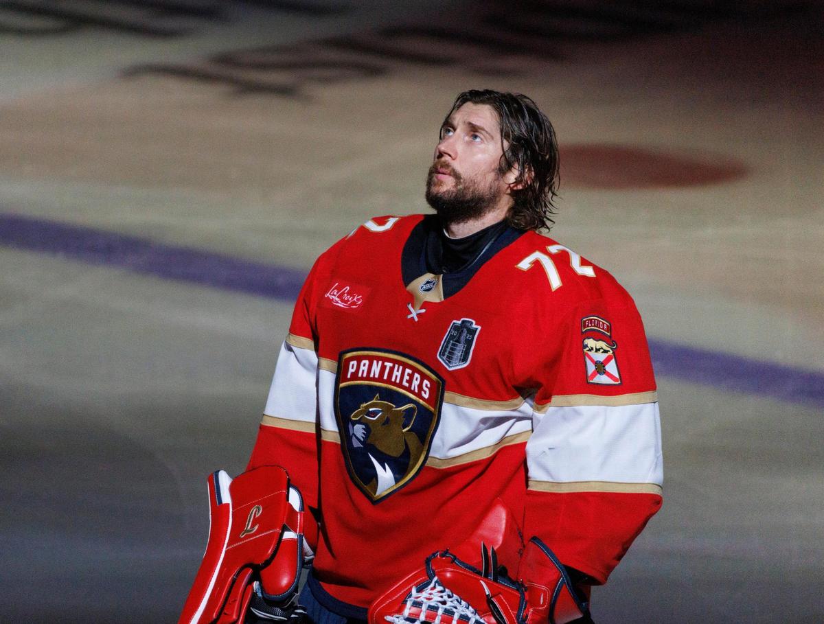 Florida Panthers goaltender Sergei Bobrovsky (72) before Game 6 in the NHL Stanley Cup Final series against the Edmonton Oilers at Amerant Bank Arena on Tuesday, June 17, 2025 in Sunrise, Fla.