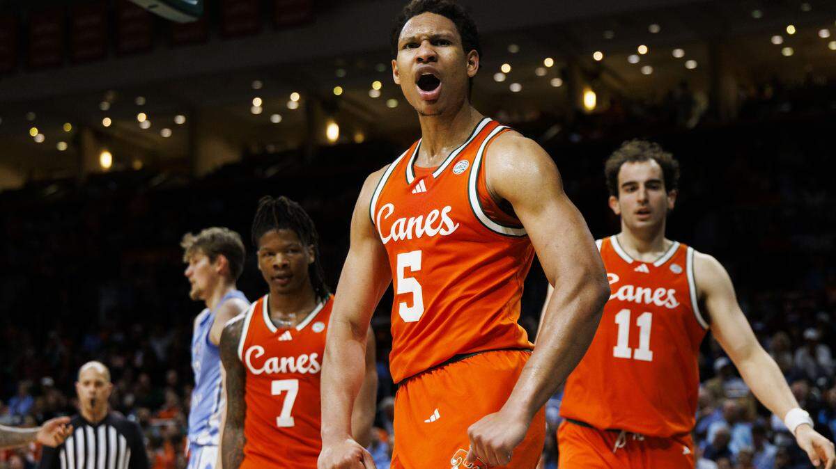 Miami Hurricanes forward Malik Reneau (5) reacts after making a basket during the first half of a game against the North Carolina Tar Heels on Tuesday, Feb. 10, 2026, at the Watsco Center in Coral Gables, Fla.