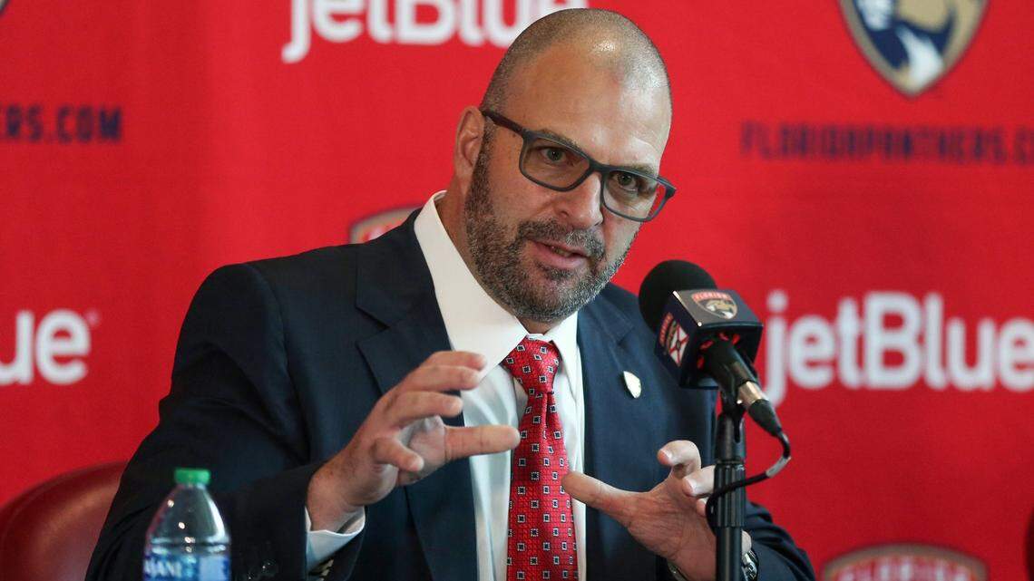 Florida Panthers general manager Bill Zito introduces new head coach Paul Maurice during a press conference at the FLA Live Arena in Sunrise, Florida on Thursday, June 23, 2022.