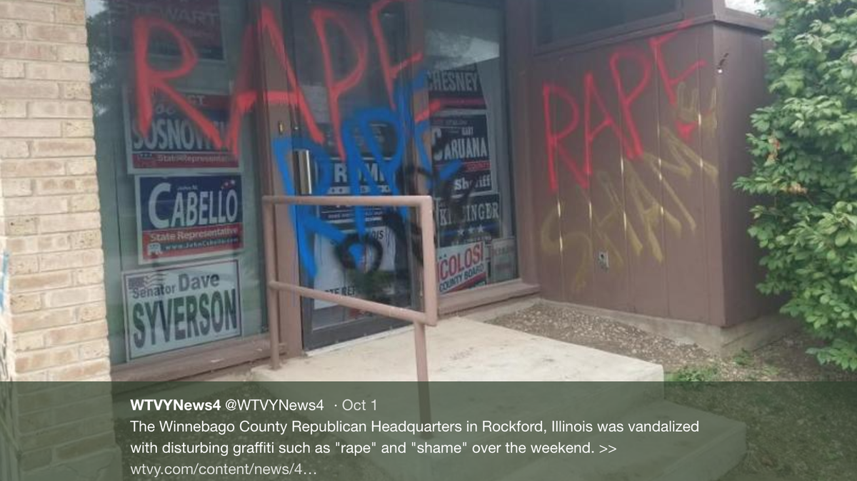 The Winnebago County Republican Party headquarters building in Rockford, Illinois, was vandalized with the words “rape” and “shame” in spray paint as the investigation into Supreme Court nominee Brett Kavanaugh continues.