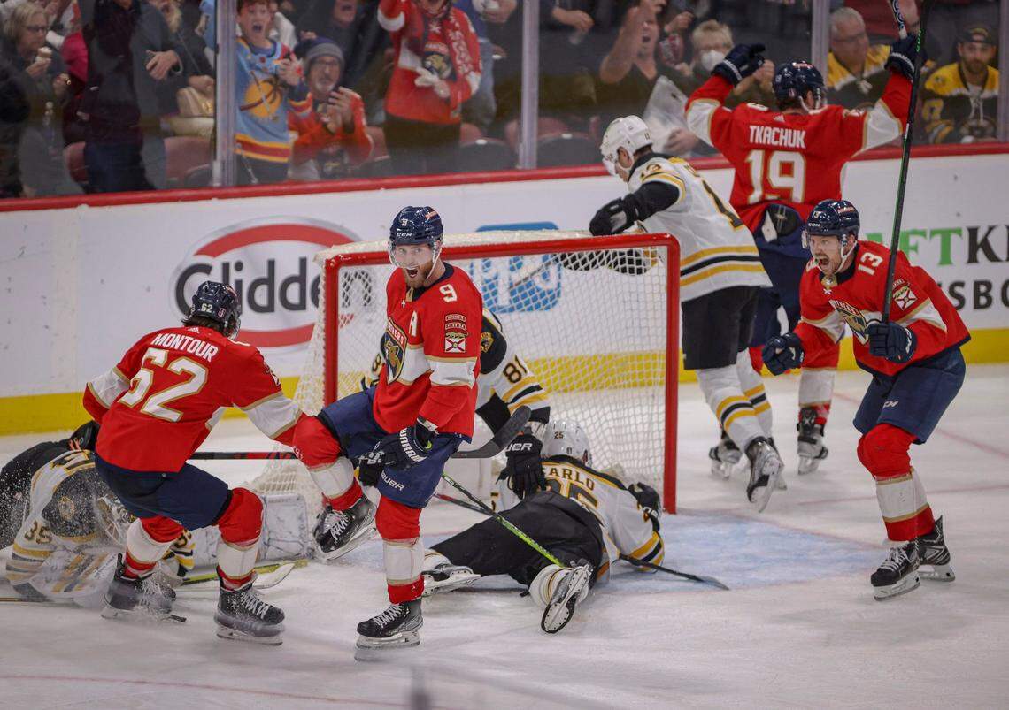 Florida Panthers center Sam Bennett (9) scores and Florida Panthers center Sam Reinhart (13) screams during the third period of Game 4 of a first round NHL Stanley Cup series at FLA Live Arena on Sunday, April 23, 2023, in Sunrise, Fla.