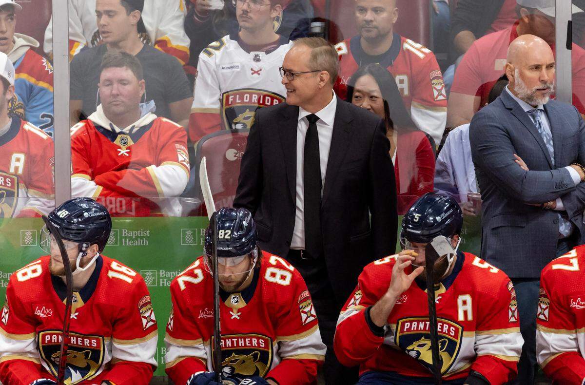 Florida Panthers head coach Paul Maurice smiles in the first period of Game 6 against the New York Rangers during the Eastern Conference finals of the NHL hockey Stanley Cup playoffs at the Amerant Bank Arena on Saturday, June 1, 2024, in Sunrise, Fla.
