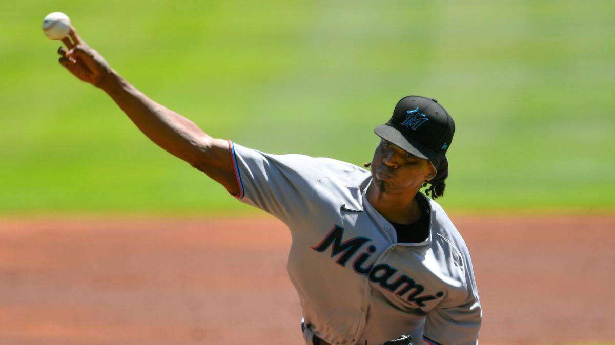 Miami Marlins’ Jose Urena pitches against the Atlanta Braves during the first inning of a baseball game Monday, Sept. 7, 2020, in Atlanta.