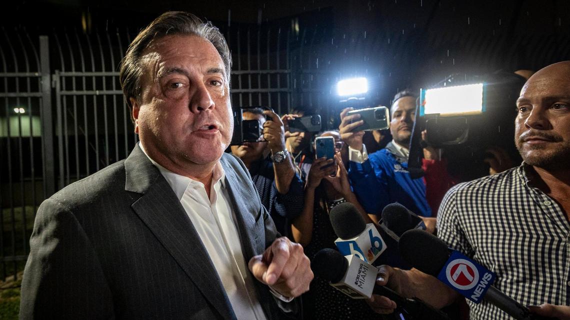 Miami City Commissioner Alex Diaz de la Portilla speaks to reporters after bonding out of jail last month. He was suspended Sept. 15 by Gov. Ron DeSantis.