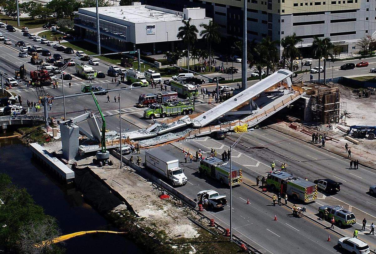A scene of the collapsed FIU pedestrian footbridge, which was under construction when it came crashing down on March 15, 2018, just past the intersection of Southwest Eighth Street and 109th Avenue. Six people were killed, including 18-year-old Alexa Duran, an FIU student.