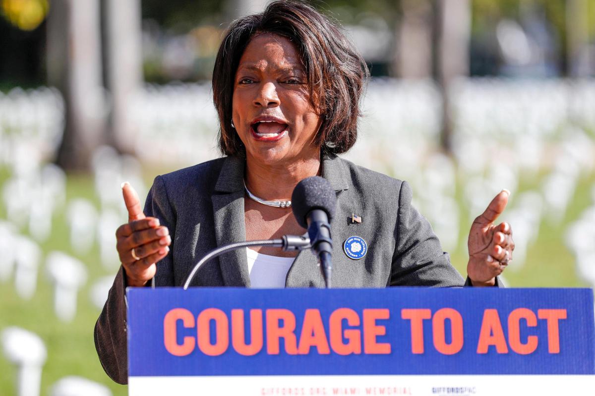 Representative Val Demings speaks at the unveiling ceremony of the Gun Violence Memorial Installation by Giffords at Bayfront Park in downtown Miami on Monday, Dec. 13, 2021.