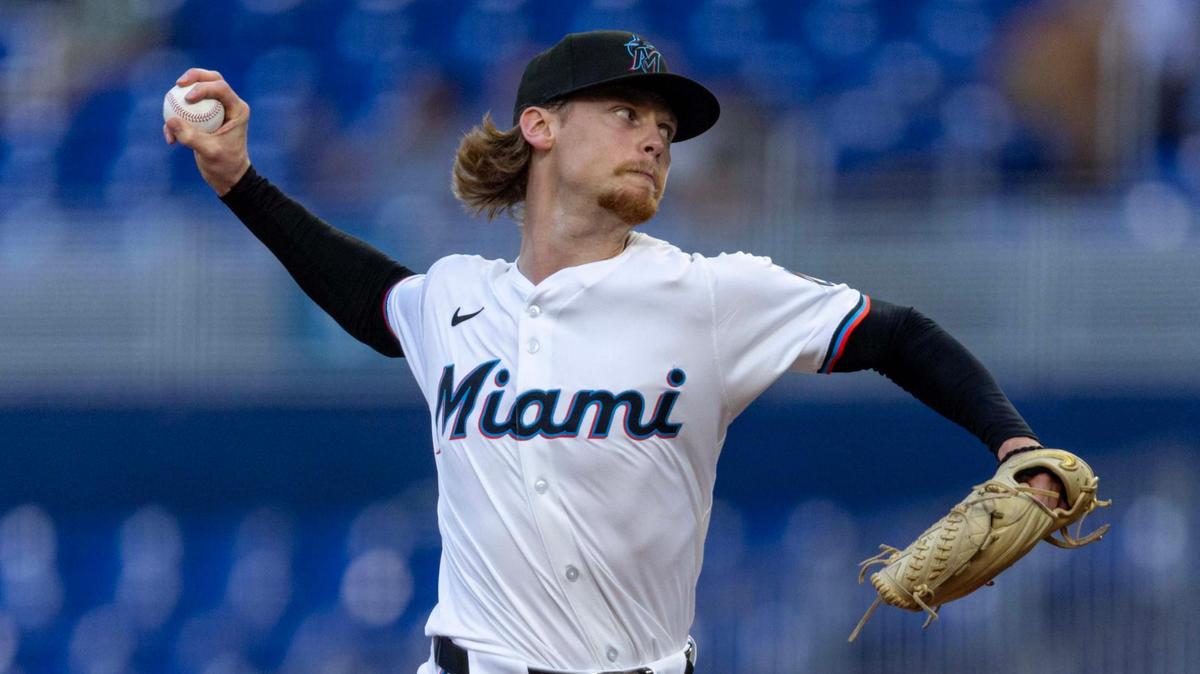 Miami Marlins pitcher Max Meyer (23) throws the ball during the first inning of an MLB game against the Arizona Diamondbacks at loanDepot park on Wednesday, April 16, 2025, in Miami, Fla.