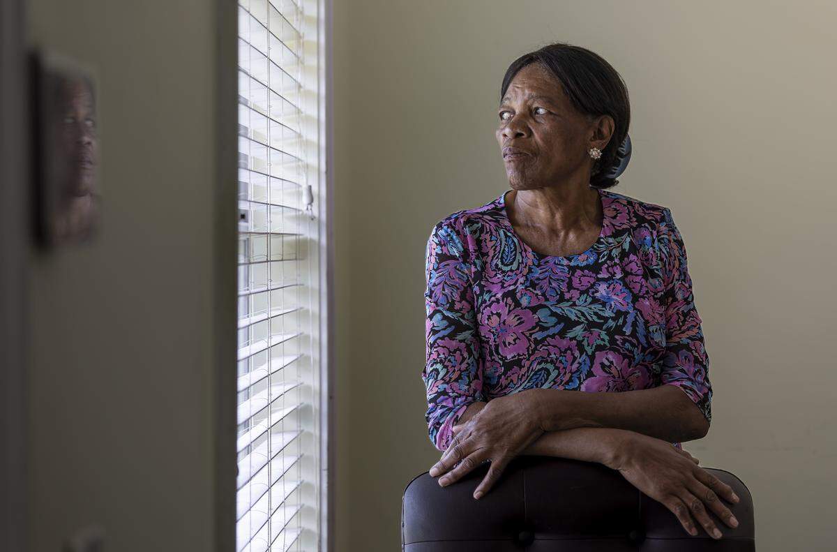 Marie Mevil at her home in Pompano Beach, Florida. Mevil and her grandson survived a collision with a Brightline train in November 2021.