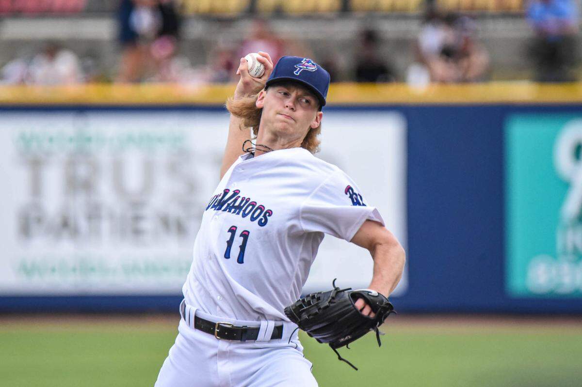 Miami Marlins right-handed pitcher prospect Max Meyer against the Mississippi Braves on Saturday, June 5, 2021, in Pensacola, Florida.