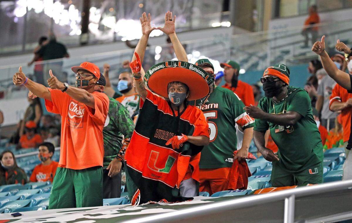 UM fans show their support as the University of Miami host Florida State University Seminoles at Hardrock Stadium in Miami Gardens on Saturday, September 26, 2020.