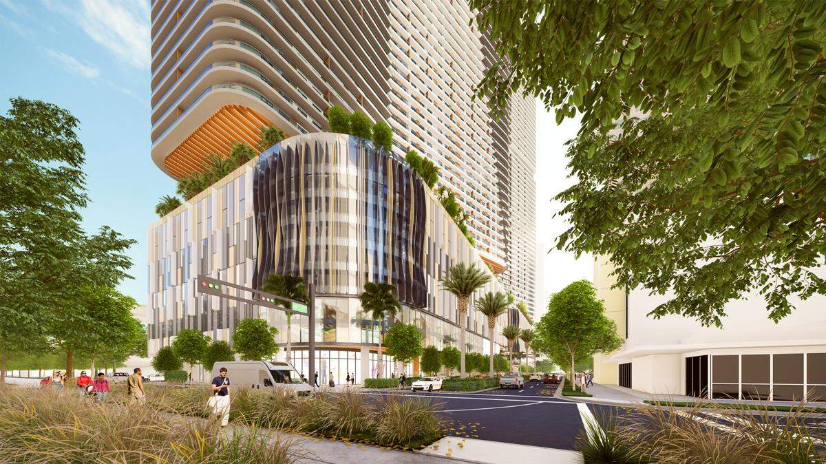A rendering of the two high-rise residential towers planned next to the Government Center transit station in downtown Miami. They’re part of the development corridor owned by Brightline parent Florida East Coast Industries. Miami-Dade County commissioners approved the zoning on Jan. 20, 2021 to build 2,000 residential units there.