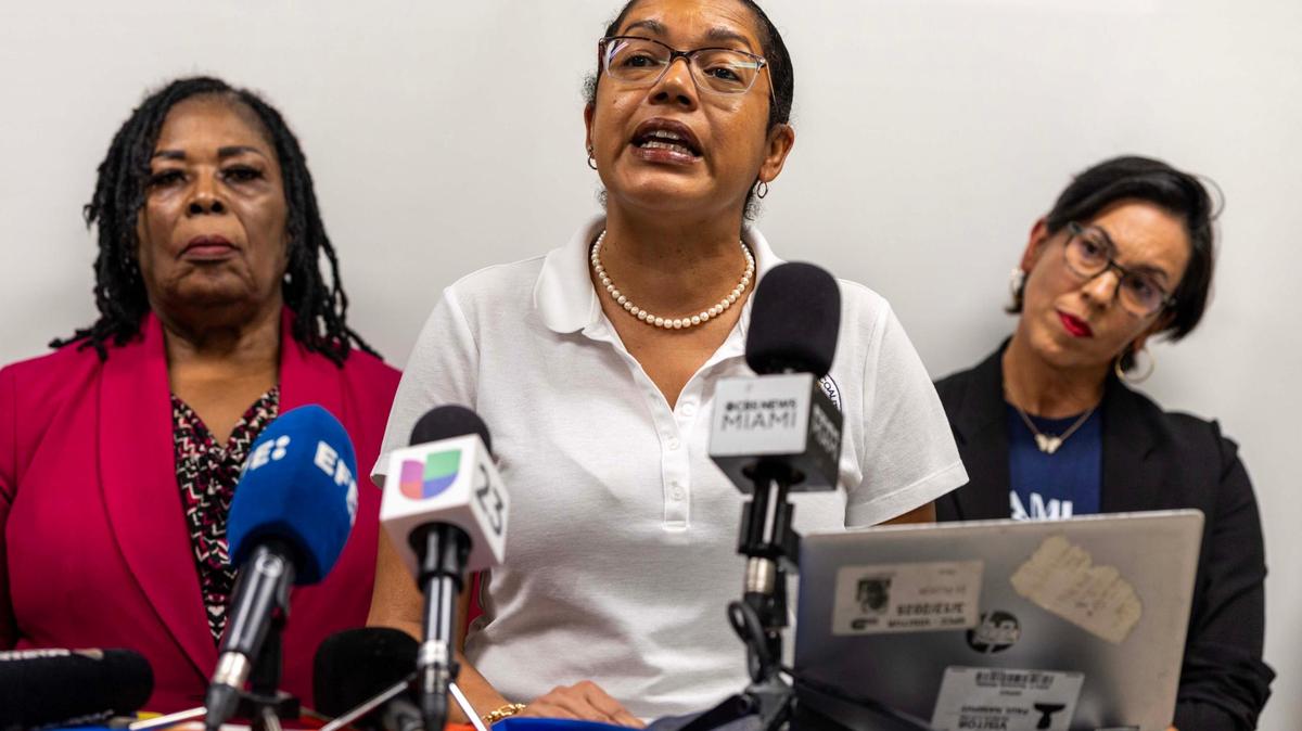 Florida Immigrant Coalition Executive Director Tessa Petit speaks to the media during a press conference discussing the end of the CHNV parole program for Cubans, Haitians, Nicaraguans, and Venezuelans, at Family Action Network Movement on Monday, June 2, 2025, in Miami.