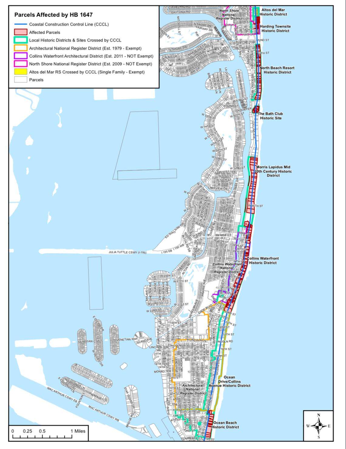A map prepared by the city of Miami Beach shows the potential impacts of a Florida House bill that would allow the demolition of historic coastal buildings that are deemed unsafe by a local building official or that don’t conform to federal flood resistance standards. The areas shaded in red would be at risk of demolition if the bill became law.
