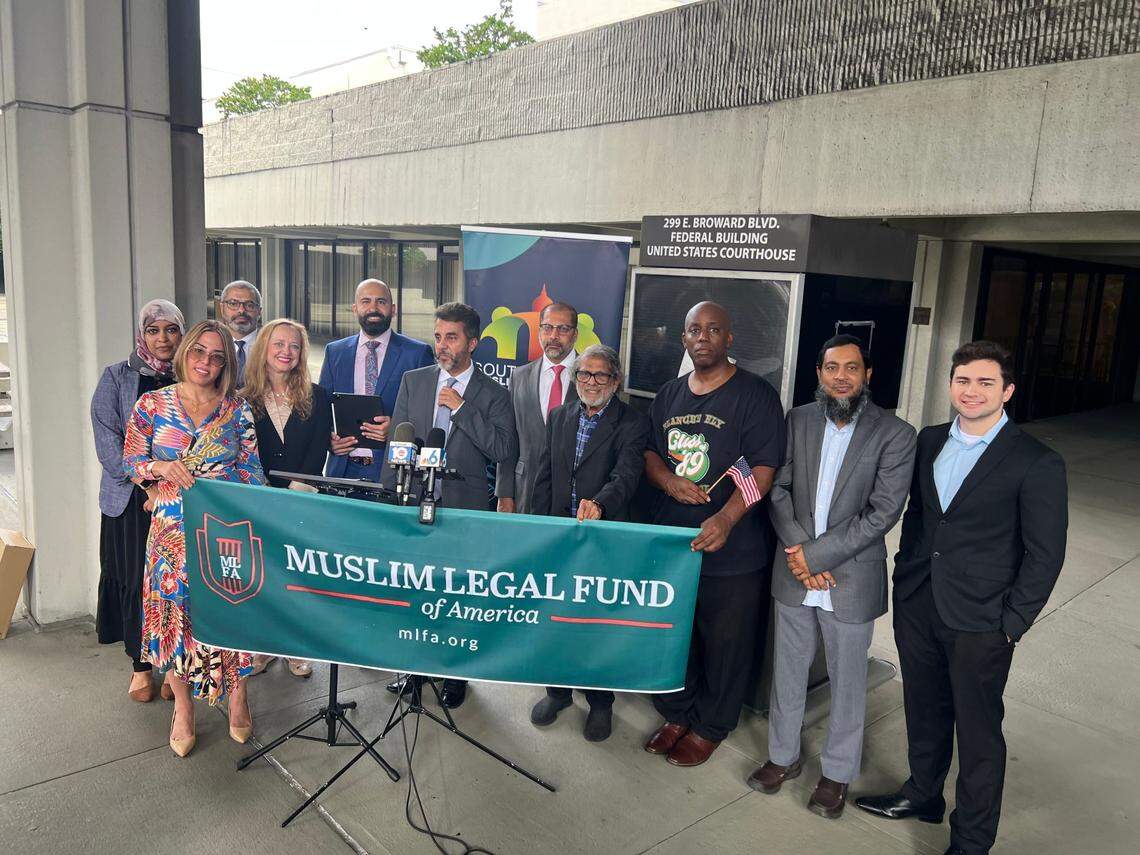 Leaders of the South Florida Muslim Federation and the Muslim Legal Fund of America hold a press conference outside the Fort Lauderdale Federal Courthouse to announce a lawsuit filed against the Coral Springs Marriott Hotel and the city of Parkland after the hotel canceled the group’s annual conference earlier this year.