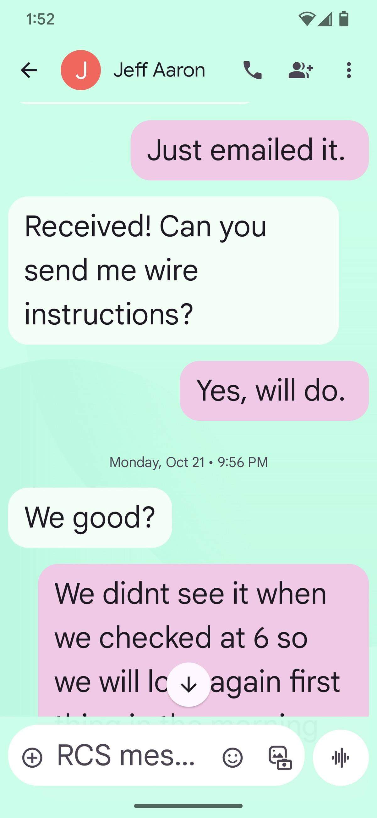 A text message from Save Our Society from Drugs Executive Director Amy Ronshausen on Fri. Oct. 18, 2024, to Hope Florida Foundation attorney Jeff Aaron where she tells him she just sent a grant application to the Foundation for $5 million. He immediately asks her for her bank wire information. On Monday, Oct. 21, Aaron followed up to see if Ronshausen had received the money. The message was provided from Rep. Alex Andrade, R-Pensacola, to the Herald/Times on April 15 after a public hearing related to his inquiry into the Foundation. He said Ronshausen had provided messages to him as part of his request.