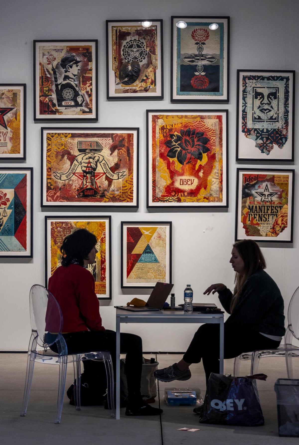 Miami, Florida, November 29, 2021 - Artwork at the Subliminal Projects space inside the Art Miami tent at One Herald Plaza.