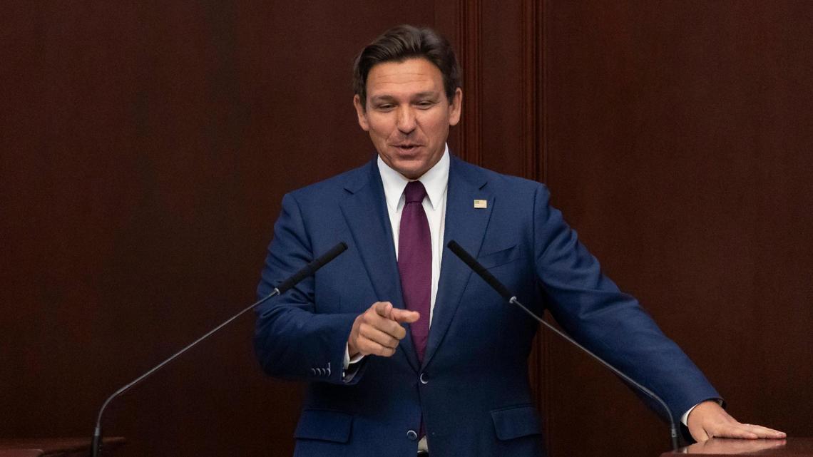 Florida Governor Ron DeSantis delivers his State of the State address during the first day of the legislative session at the Florida State Capitol on Tuesday, March 4, 2025, in Tallahassee, Fla.