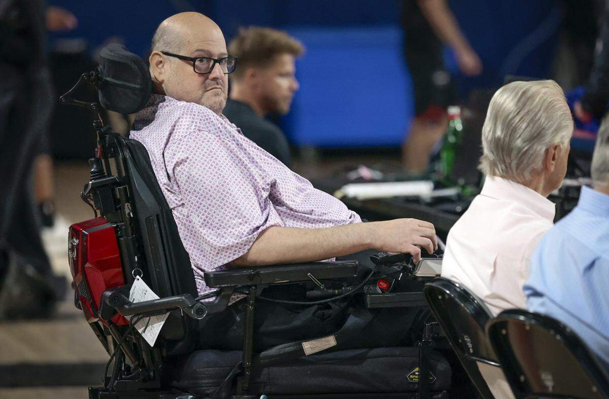 Miami Heat general manager Andy Elisburg looks on during training camp at Abessino Court at Eleanor R. Baldwin Arena at Florida Atlantic University in Boca Raton on October 2, 2025.