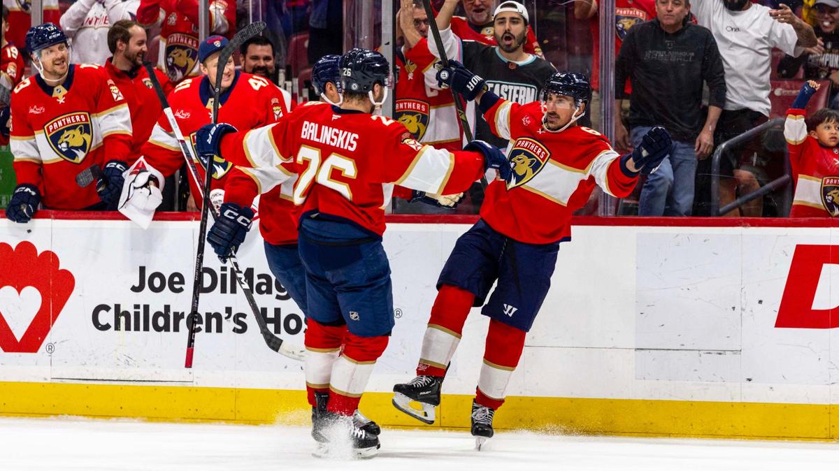 Florida Panthers right wing Brad Marchand (63) reacts with teammates Uvis Balinskis (26) and Gustav Forsling (42) after scoring on Detroit Red Wings goaltender Cam Talbot (39) during the second period of an NHL game at Amerant Bank Arena on Thursday, April 10, 2025, in Sunrise, Fla.
