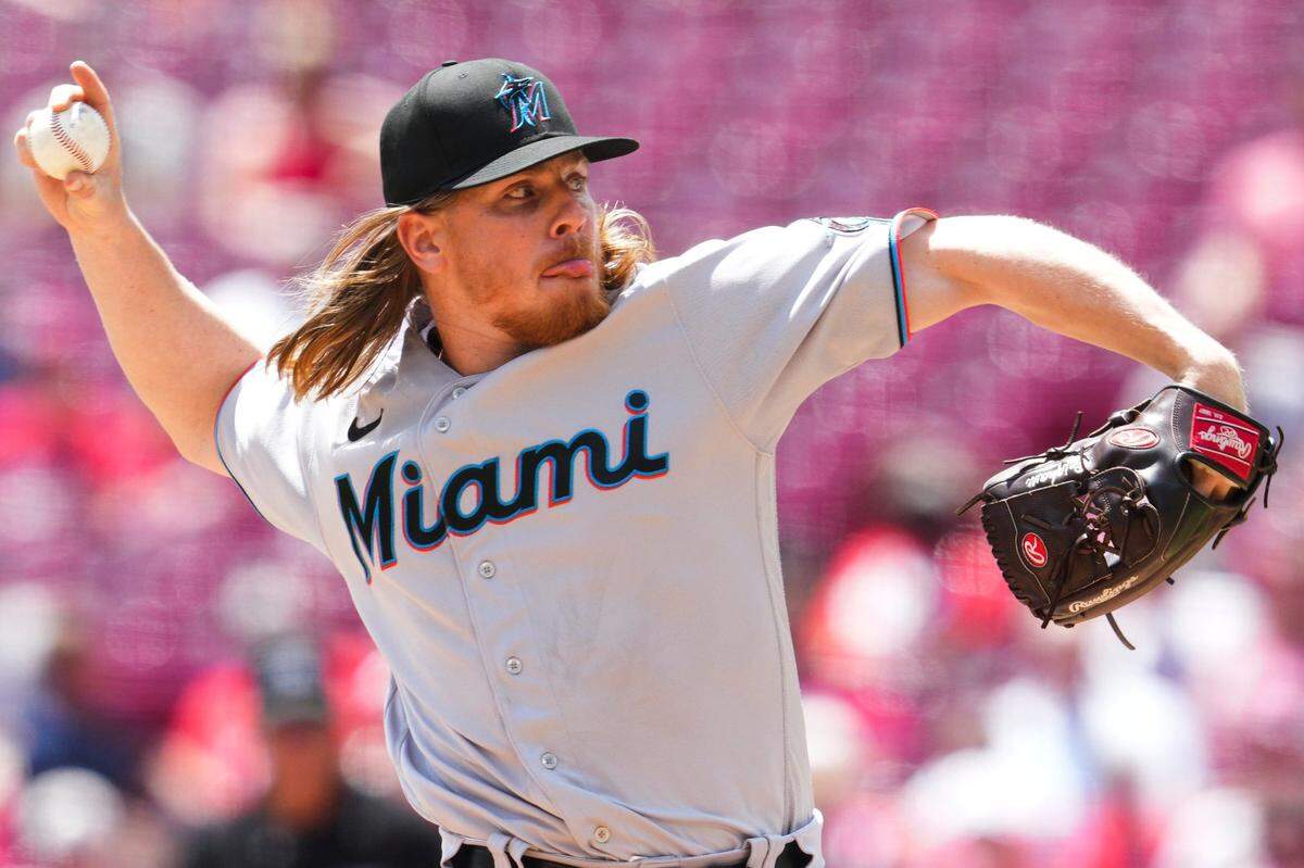 Miami Marlins relief pitcher Jeff Brigham (43) throws during the third inning of a baseball game against the Cincinnati Reds, Thursday, July 28, 2022, in Cincinnati.