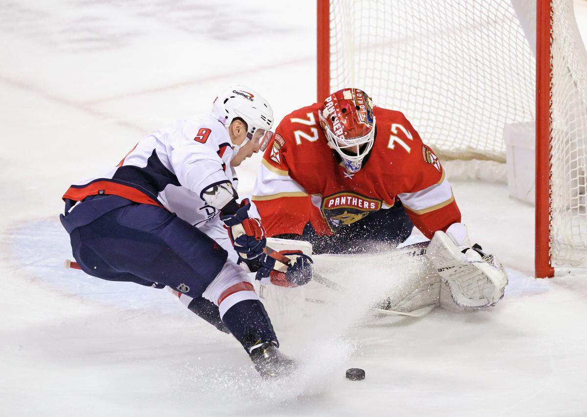 Florida Panthers goaltender Sergei Bobrovsky (72) stop a shot by Washington Capitals defenseman Dmitry Orlov (9) during the first period of an NHL game at the FLA Live Arena on Thursday, November 4, 2021 in Sunrise, Fl.