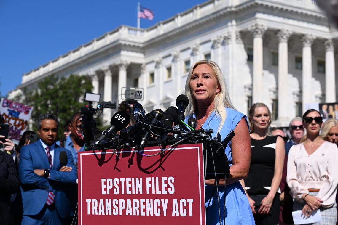US Representative Marjorie Taylor Greene (R-SC) speaks during a press conference and rally  in support of the victims of sex offender Jeffrey Jeffrey Epstein and his accomplice Ghislaine Maxwell outside the U.S. Capitol in Washington, DC on September 3, 2025. A US House of Representatives committee released a first batch of documents on Tuesday from the investigation into notorious sex offender Jeffrey Epstein, a case that has become a political lightning rod for the Trump administration. (Photo by ROBERTO SCHMIDT / AFP) (Photo by ROBERTO SCHMIDT/AFP via Getty Images)          